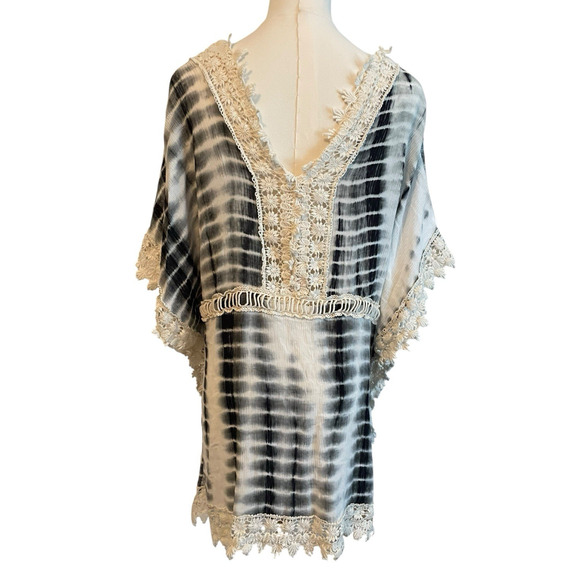 Easel Boho Top Womens M Tie Dye Crochet Lace Butterfly Sleeve Tunic Festival - Picture 2 of 6